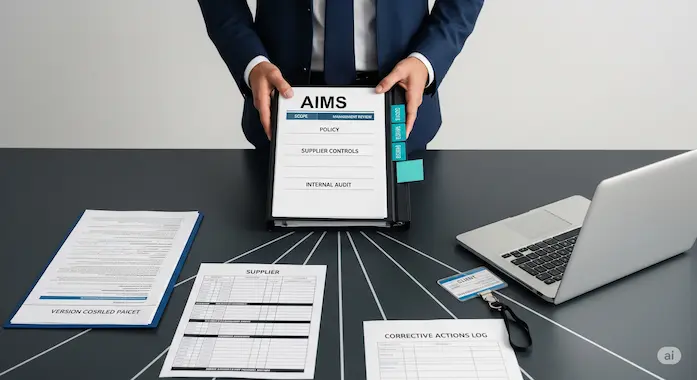 Auditor reviews an AIMS binder and supplier controls, signaling certification in the ISO 42001 vs NIST AI RMF journey.