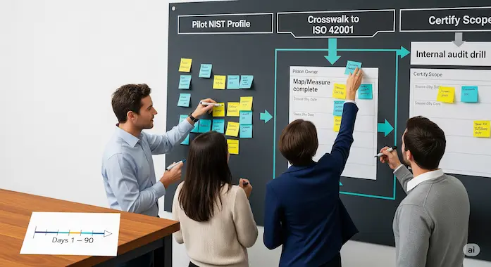 Sticky-note wall shows migration from NIST Profile to ISO AIMS with owners and dates, clarifying ISO 42001 vs NIST AI RMF.