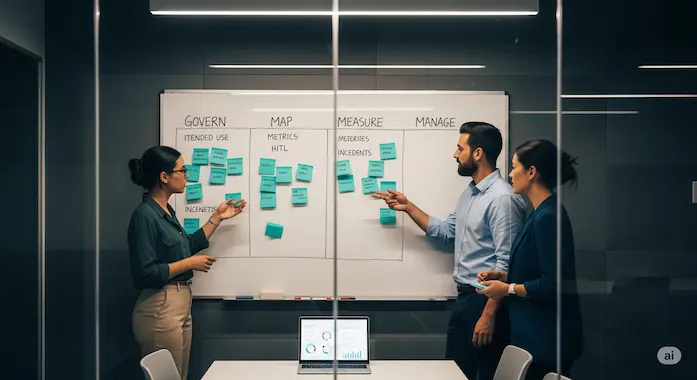 Workshop team maps Govern, Map, Measure, Manage on a whiteboard, illustrating ISO 42001 vs NIST AI RMF in practice.