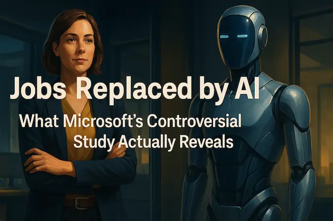 Professional and AI assistant side by side, title overlay, exploring jobs replaced by AI