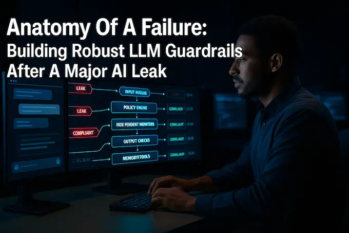 Security ops lead with layered pipeline screens restoring safety—editorial hero on rebuilding LLM Guardrails after a major leak.