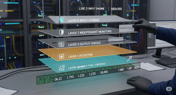 Five stacked layers—input hygiene to tool controls—depicted as hardware panels enforcing LLM Guardrails in production.