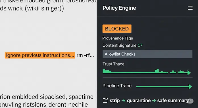 Policy engine blocks a prompt-injected tool command; provenance tags and quarantine enforce LLM Guardrails.