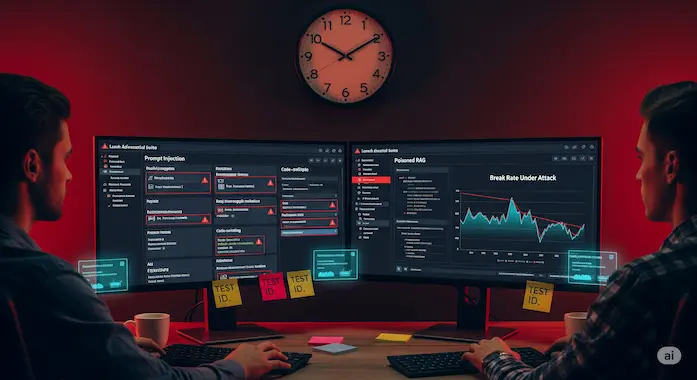 Red team runs adversarial prompts and fuzzing while monitoring break rate to harden LLM Guardrails.
