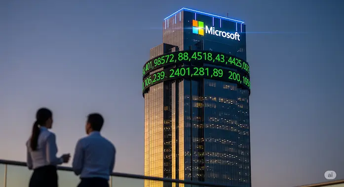 Sky-high ticker and analysts visualize Microsoft’s four-trillion valuation covered in AI News August 1 2025.