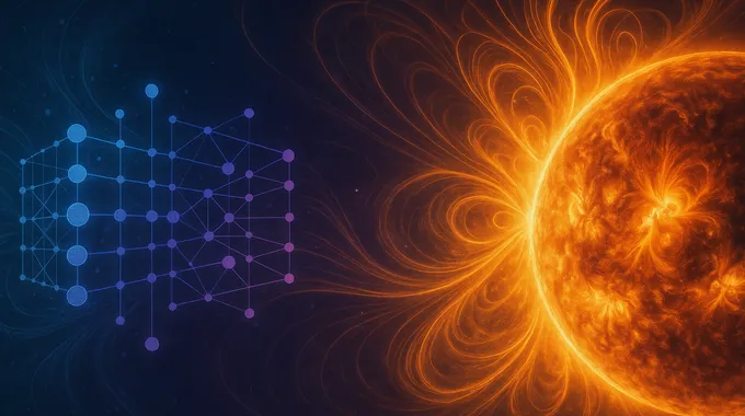 -Stylized neural network visualization beside the Sun with magnetic loops, representing AI learning solar dynamics.
