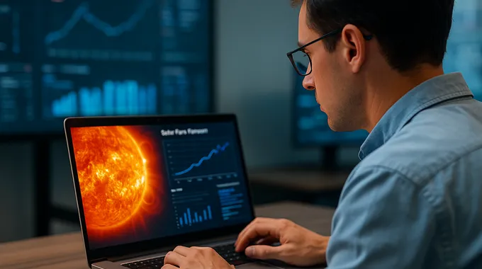 Scientist analyzing a solar flare forecast on a laptop in a modern control room with data screens.