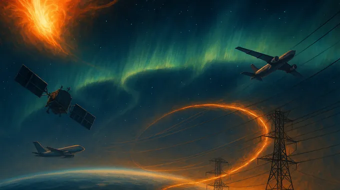 Aurora over Earth with satellites, airplanes and power lines under a solar flare, showing how space weather affects technology.