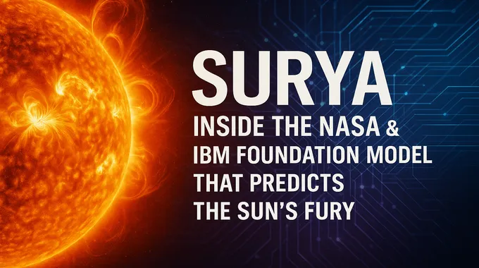 Illustration of the Sun’s fiery surface with digital circuit patterns overlayed, symbolizing NASA Surya’s AI-driven solar forecasting.
