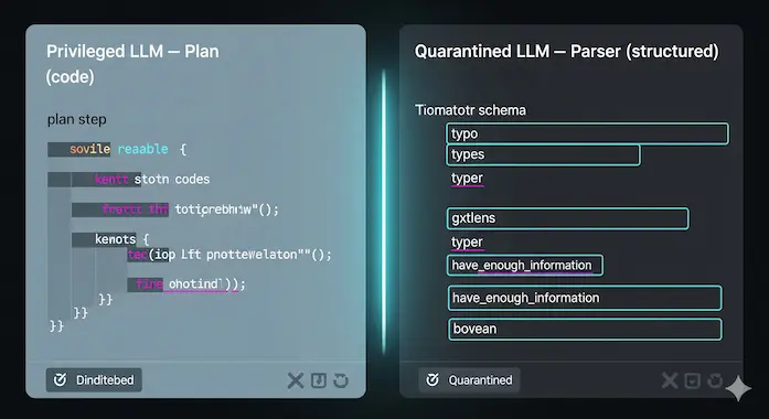 Split UI shows planner and quarantined parser separation enabling prompt injection prevention via dual LLM design.