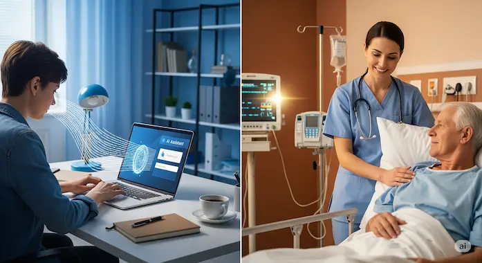 Side‑by‑side of translator using AI vs caregiver, highlighting jobs replaced by AI in text roles