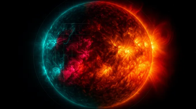 Multi‑channel solar rendering visualizing NASA Surya learning from SDO data using teal and magenta tones