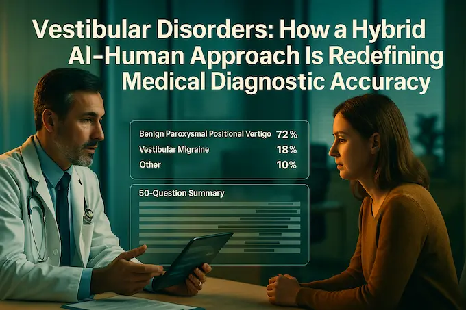 Clinician reviews AI medical diagnosis results with patient on tablet in vestibular clinic