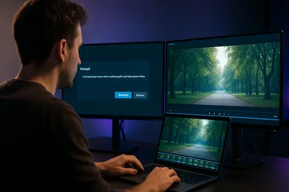 AI NEWS AUGUST 25 2025: Creator editing AI-generated video across two monitors, over-shoulder view emphasizing a unified workflow.