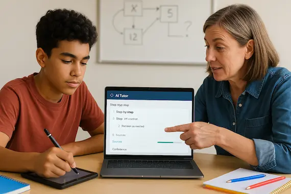 Student and teacher co-evaluate an AI tutor’s reasoning and sources, modeling how education adapts to AI consciousness.