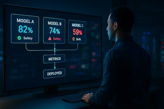 Engineer reviews competing model variants and metrics, showing selection dynamics that shape AI consciousness in practice.