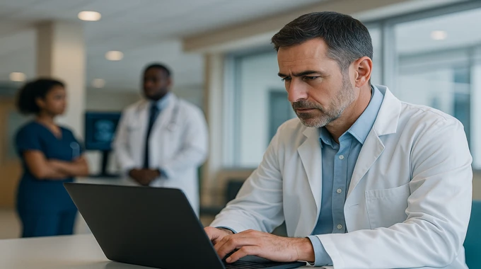 AI in medical imaging 2025 clinical workflow with doctors coordinating in a hospital