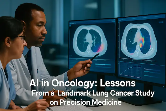 Clinicians review CT lung scans with AI overlays in a radiology suite, illustrating evidence-based AI in oncology.