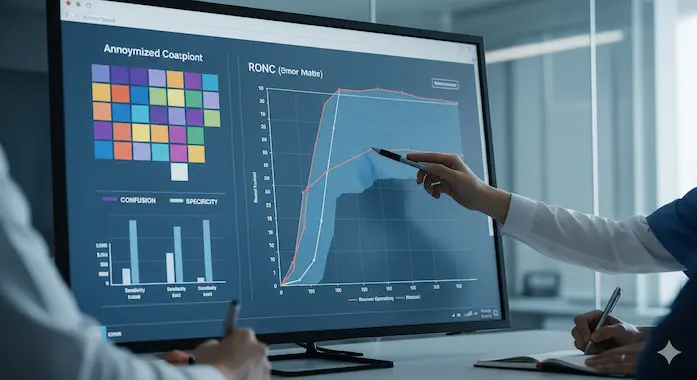 Tumor board reviews performance charts and ROC curves, showing clinical impact of AI in oncology.