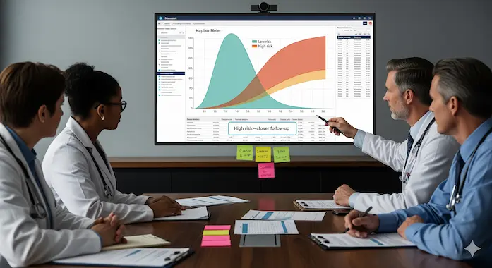 Tumor board evaluates survival curves and risk groups, showing how AI in oncology guides follow-up decisions.