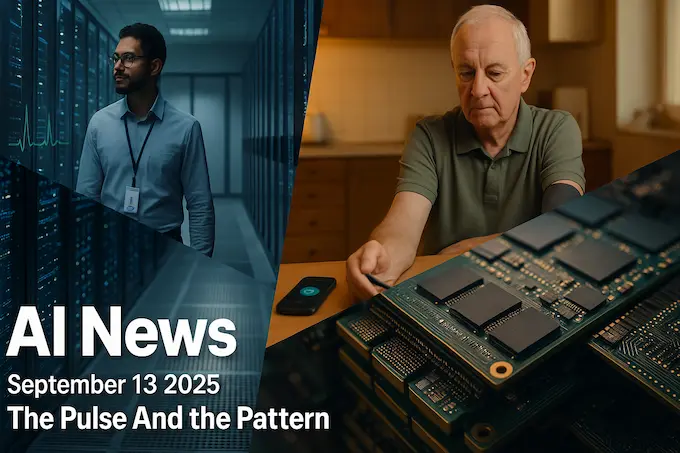 Feature montage for AI News September 13 2025 showing Brazil data center, home blood pressure call, and long-context AI hardware.