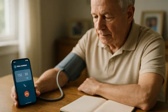 Home blood pressure check with a phone-based voice agent for AI News September 13 2025, highlighting quality scores and patient support.