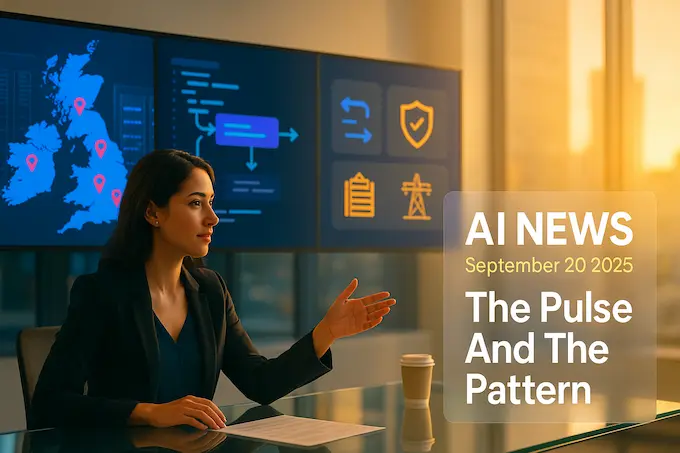 AI news September 20 2025 feature: professional woman analyst with vibrant dashboard linking compute, policy, and agents.