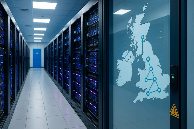 AI news September 20 2025: UK sovereign compute shown by secure data center, UK map, and GPU racks.