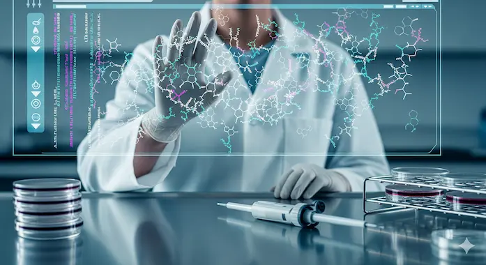 AI News September 6 2025 lab image of a scientist reviewing peptide sequences beside petri dishes for antibiotic discovery.