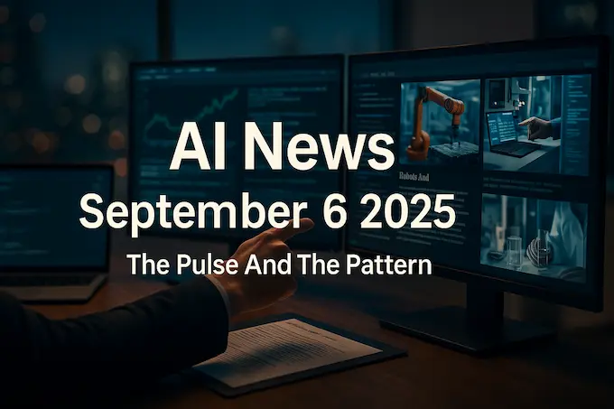 AI News September 6 2025 feature image showing editors reviewing AI headlines on screens with bold title overlay.