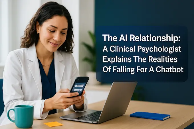 Young American doctor in bright clinic reviewing chatbot messages, illustrating an AI relationship in clinical practice.