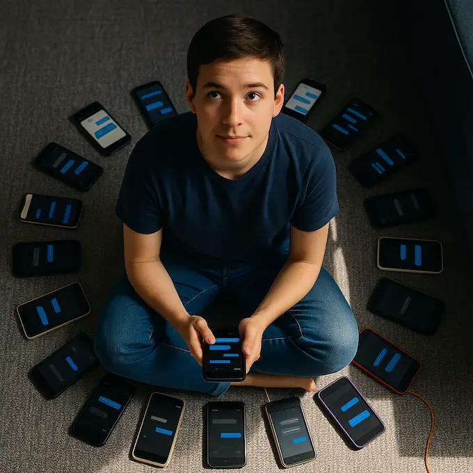 Overhead scene of a person encircled by chat devices, symbolizing AI relationship dependency and the isolation loop.