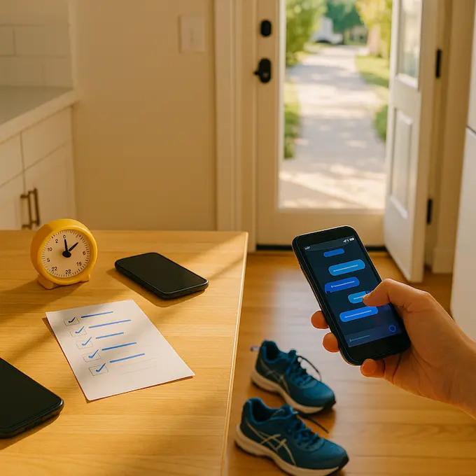Morning routine props and open door illustrate healthy AI relationship habits that reconnect life offline.
