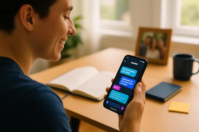 Smiling adult at sunlit desk reading assistant chat, showing how an AI relationship can emerge from everyday use.