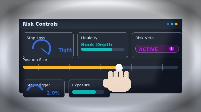 Risk dashboard with position sizing and stop-loss controls that keep an AI trading bot disciplined and safe.