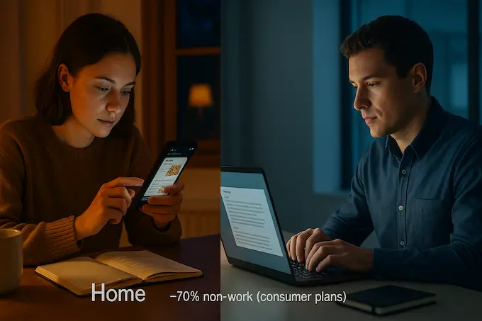 Split image of home and office scenes showing chat use, highlighting that most consumer ChatGPT use is non-work.