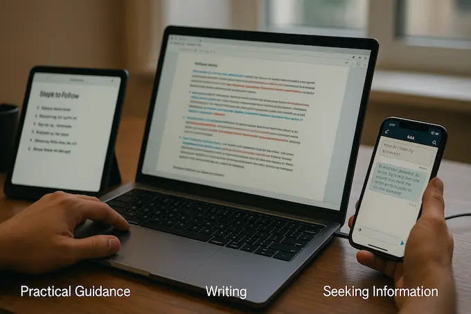 Editorial desk scene showing writing edits, practical guidance, and search-like Q&A—the three dominant ChatGPT uses.