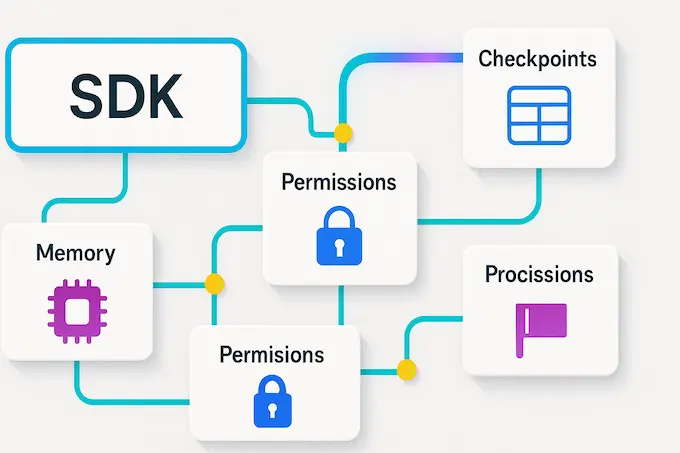 Flat-lay of modular agent SDK blocks linking memory, permissions, and sub-agents built on Claude Sonnet 4.5.