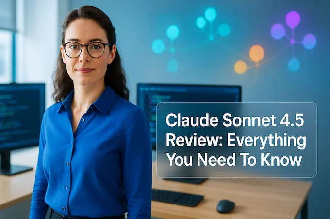 Professional English woman coder beside abstract clover motifs on a bright cover for the Claude Sonnet 4.5 review.