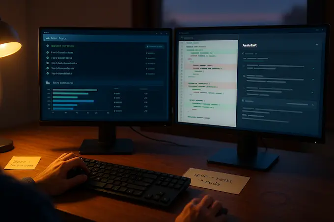 Developer reviews green tests and a clean diff beside an AI assistant panel, reflecting practical Gemini coding workflows.