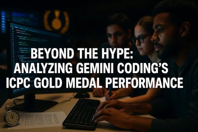 Focused team and scoreboard evoke ICPC as Gemini coding reaches a gold-level moment under real contest pressure.