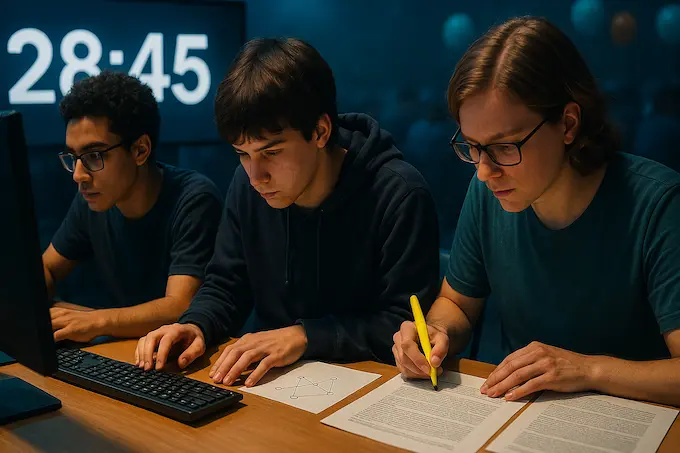 Three teammates share one computer under a timer, illustrating the discipline behind Gemini coding in ICPC settings.