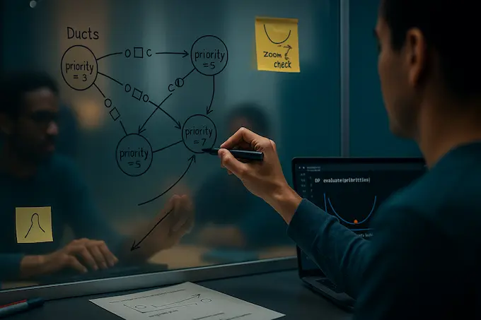 Engineer maps ducts and priorities on glass, showing the convex search insight that powered Gemini coding for Problem C.