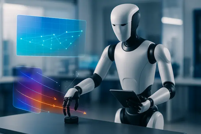 Robot arm executing a pick with layered planning and action cues, visualizing the Gemini Robotics agentic system.