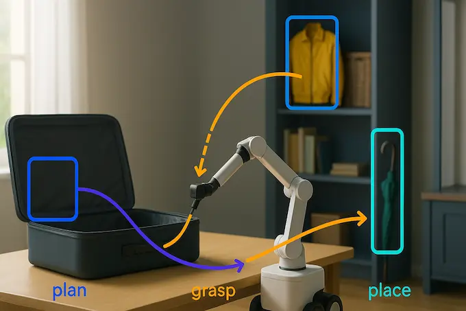 Robot planning and packing a suitcase with spatial cues, demonstrating embodied reasoning in Gemini Robotics.