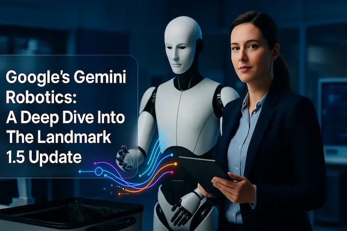 Robot arm executing a pick with layered planning and action cues, visualizing the Gemini Robotics agentic system.