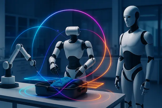 Multiple robot bodies linked by flowing data arcs, depicting motion transfer and shared skills in Gemini Robotics.