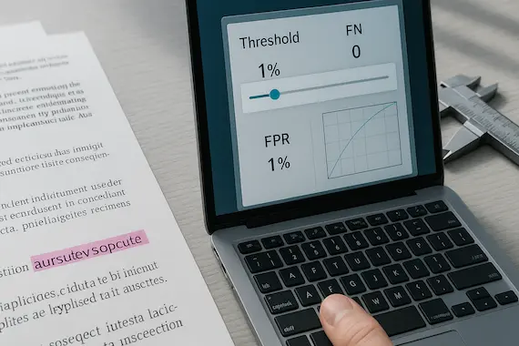 GPTZero review accuracy visual: threshold slider at 1% FPR and FP/FN counters over a printed passage.
