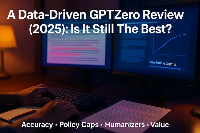GPTZero review feature image: editor evaluating an AI detection dashboard with ROC curve and 1% false-positive cap slider.