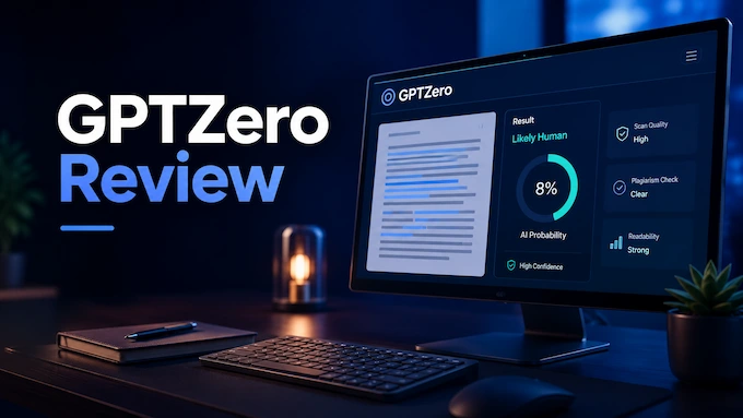 GPTZero review feature image: editor evaluating an AI detection dashboard with ROC curve and 1% false-positive cap slider.